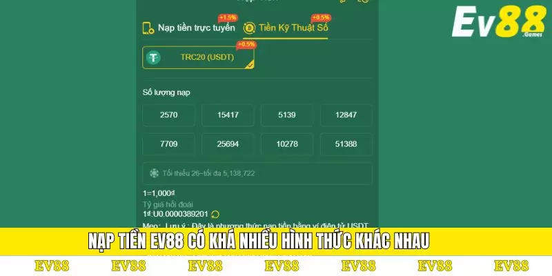 Nạp Tiền EV88 - Chi Tiết Đầy Đủ Từ Cơ Bản Đến Nâng Cao 3 Nạp tiền Ev88 có khá nhiều hình thức khác nhau